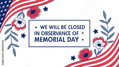 Stylish Memorial Day notice adorned with red, white, and blue patriotic elements.