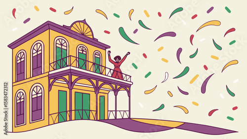 Colorful celebration scene featuring a cheerful figure in a red dress, dancing on a vibrant, whimsical building.
