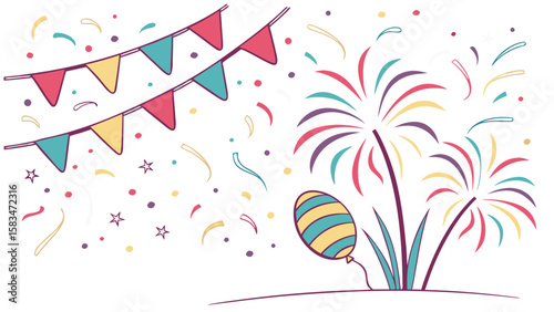 Colorful festive scene with balloons, fireworks, and banners, perfect for celebration themes.