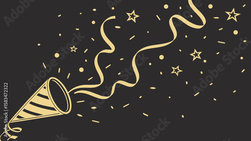 A festive illustration featuring a party horn emitting colorful streamers and stars against a dark background.