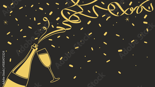 A vibrant illustration of champagne being poured into a glass, surrounded by festive confetti and swirls.