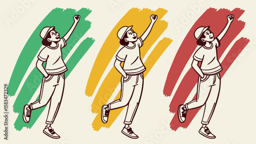 A dynamic illustration of a young, cheerful person celebrating with a raised fist against colorful abstract backgrounds.