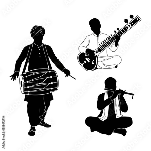 Stylish Black and White Silhouettes of Indian Musicians Playing Dholak, Sitar, and Bansuri Flute.