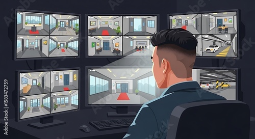 Security Surveillance Room with Multiple Monitor Feeds