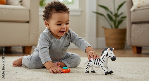 Adorable toddler plays happily with toy zebra soft light fills room. AI Generated