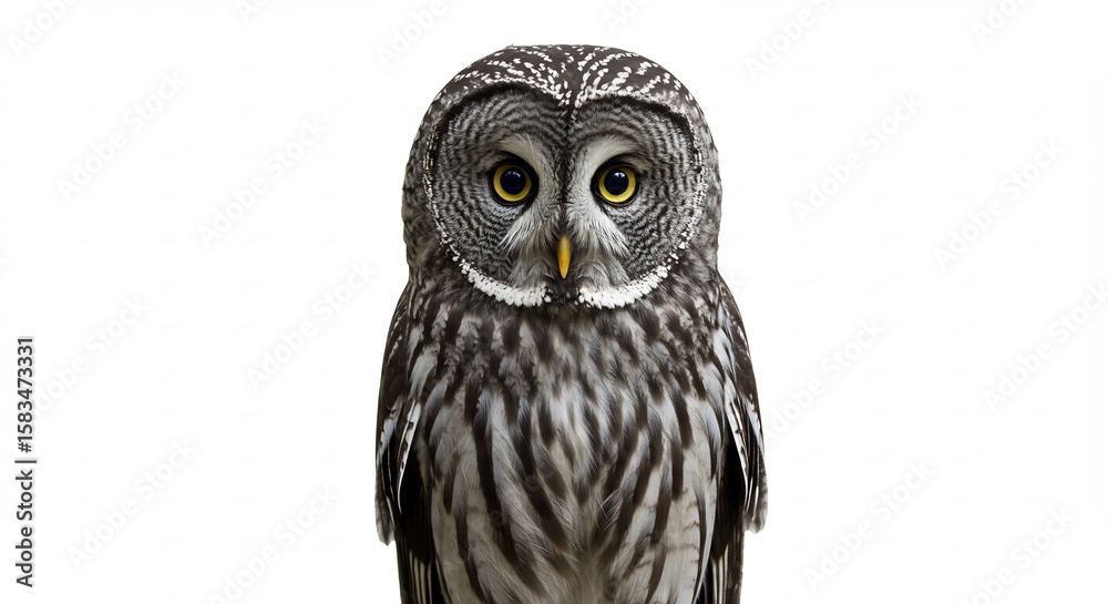 Obraz premium Majestic grey owl stares intently bright light sharp focus. AI Generated