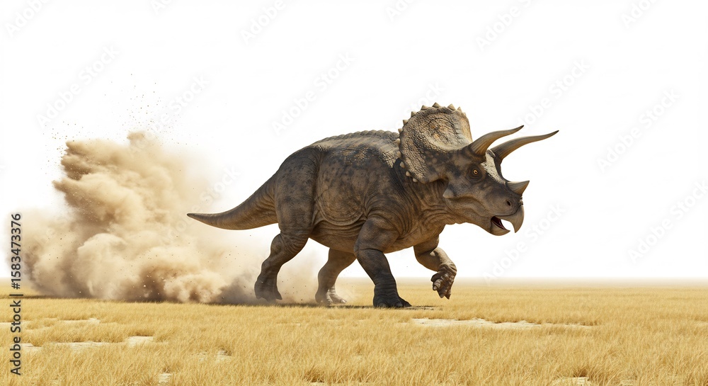 Fototapeta premium Dusty Triceratops charges across sun-baked plains. AI Generated
