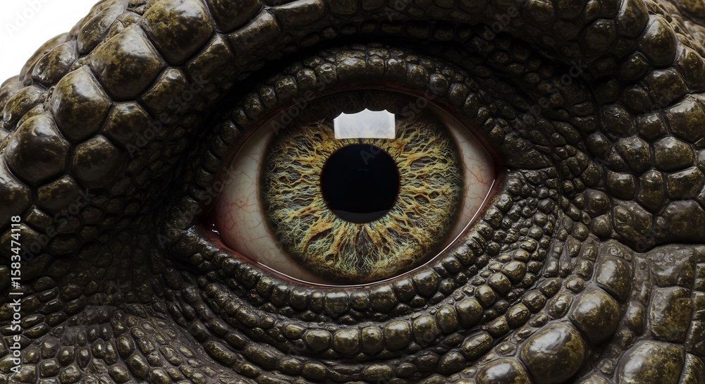 Fototapeta premium Oeil reptile vert intense detail peau rugueuse lumiere douce. AI Generated