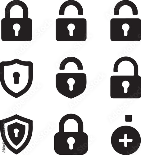 Black and White Security Icons Flat Design Padlocks and Shields Vector Illustration for Website and App Development; Security Systems and Protection