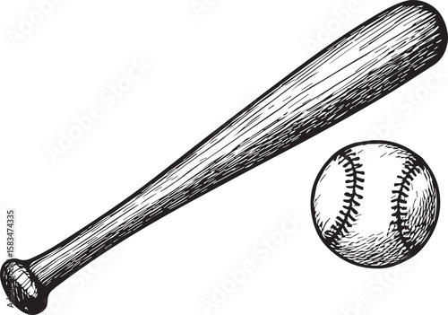Realistic wooden baseball bat and ball line art vector 