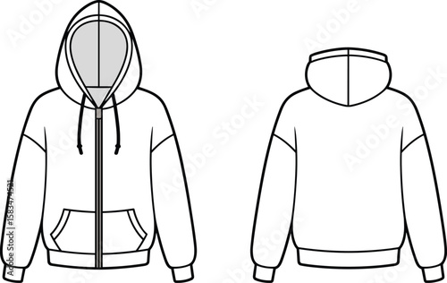 Zip up hoodie with drawstring, cad flat sketch front and back view, vector illustration for fashion design and garment blueprint