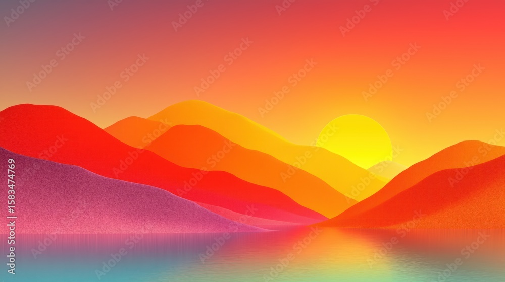 Vibrant Sunset Over Abstract Mountain Ranges with Reflective Water Surface Vibrant Sunset Over Abstract Mountain Ranges with Reflective Water Surface