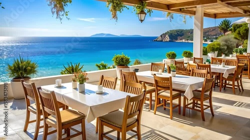 Wallpaper Mural Outdoor Restaurant Dining Area Overlooking Turquoise Sea and Hills with Wooden Chairs and White Tablecloths Torontodigital.ca