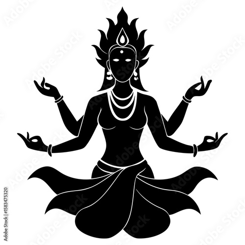 A black silhouette of a seated goddess with multiple arms in a meditative pose, isolated on white background