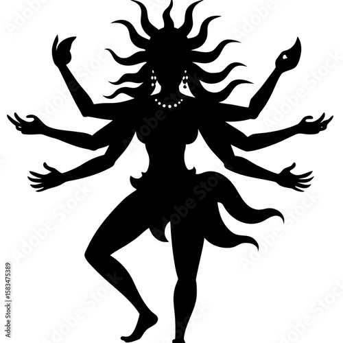 Tableau sur toile A dynamic silhouette of the hindu goddess kali in a dancing pose, with multiple