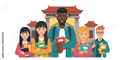 Diverse students gather with an instructor in front of school ready for global education and learning opportunities. Back to School