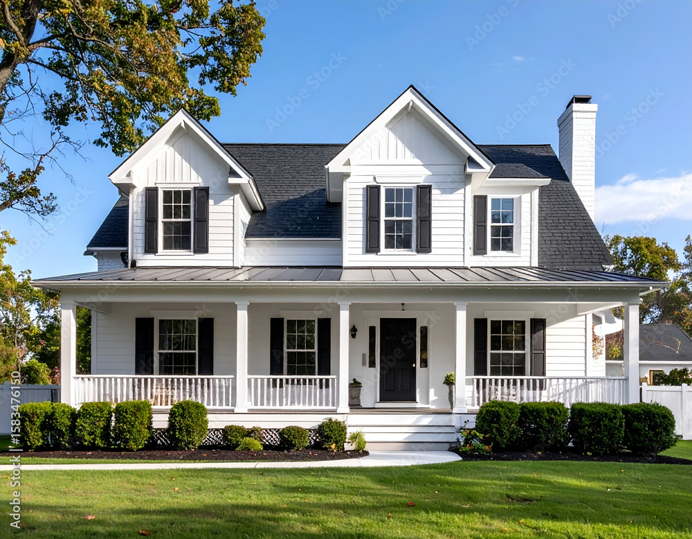 Fototapeta premium A charming modern farmhouse stands proudly under a clear blue sky on a sunny day.
