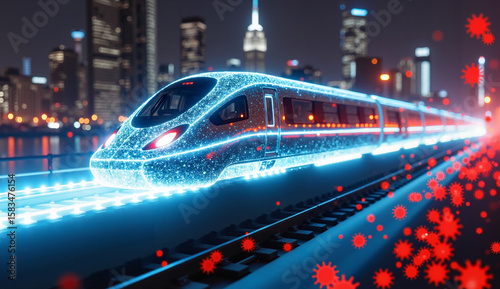 VPN and Cybersecurity Concept: A Futuristic High-Speed Data Train Protected from Digital Threats