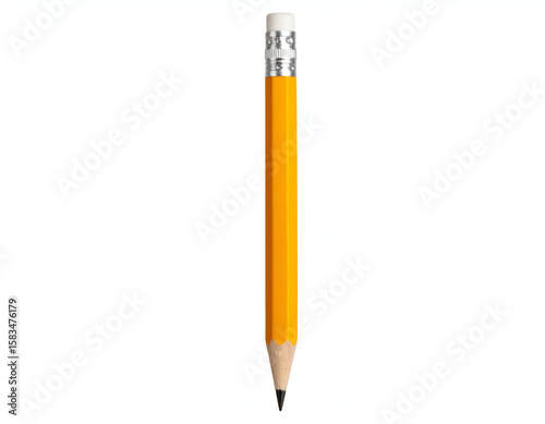 A classic yellow wooden pencil with a sharp tip and white eraser stands vertically on a clean background.