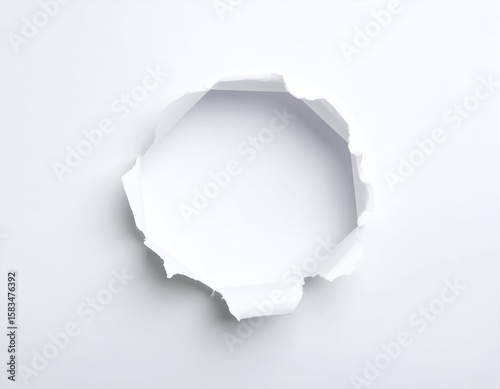 A rough circular tear in crisp white paper reveals an intriguing void with subtle shadows and depth.