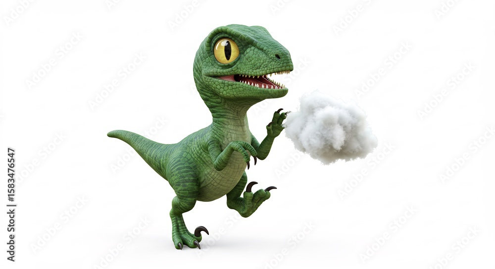 Fototapeta premium Petit dinosaure vert souffle nuage blanc lumiere douce. AI Generated