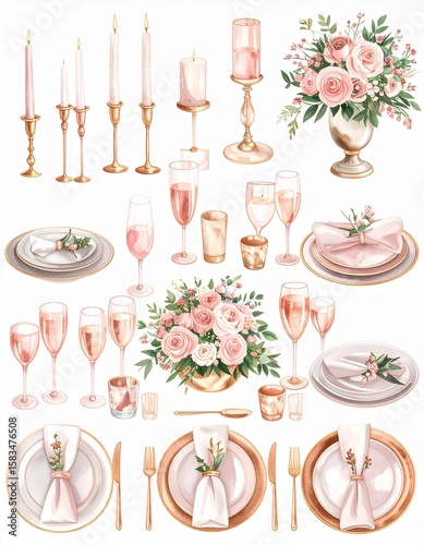 Watercolor Blush Pink Wedding Table Setting with Gold Accents