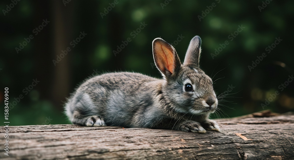 Fototapeta premium 森閑とした緑の中で 静かに佇む 小さな野ウサギ 柔らかな光を浴びて. AI Generated