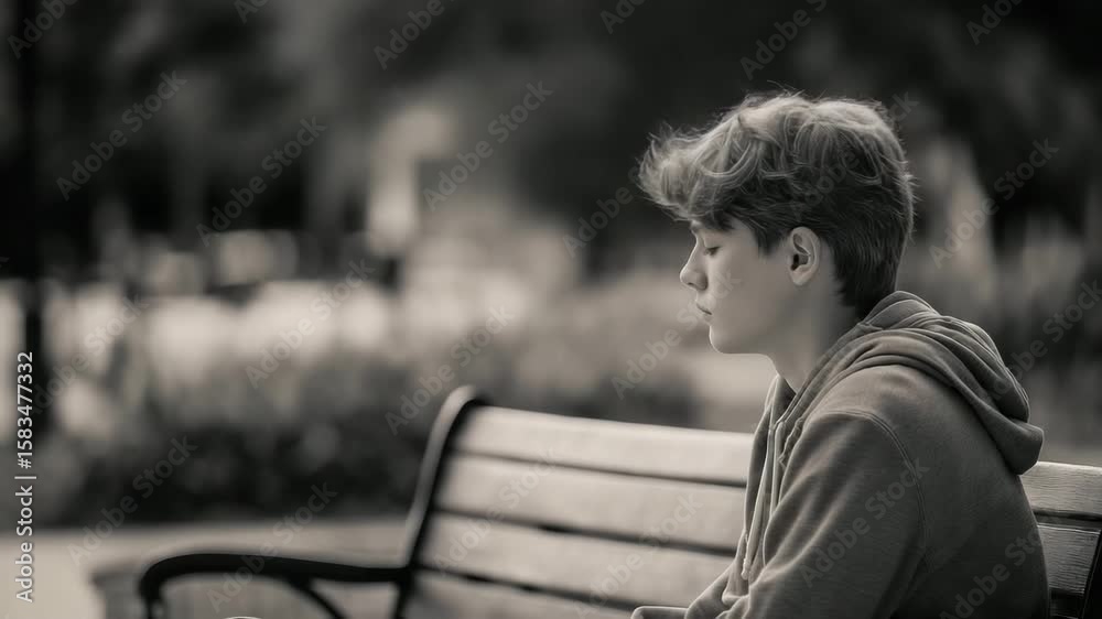 Young boy sitting alone on a bench in a park, deep in thought, in black and white cinematic style