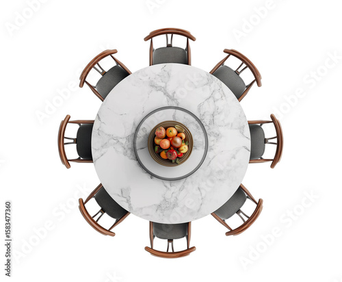 Overhead View of a Round Dining Table with Eight Chairs and Plant Centerpiece