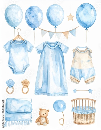 Watercolor Baby Boy Shower Items Blue Clothes, Crib, and Toys