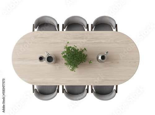 Top View of a Wooden Oval Dining Table with Chairs and Tableware