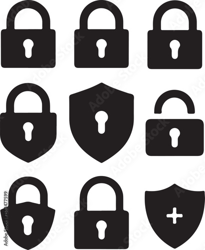 Security and Protection Icons Flat Design Illustration for Online Safety and Digital Security, Shield, Padlock, Keyhole in Black and White