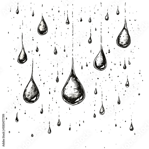 Vintage precipitation pattern, rainfall texture engraving, hand-drawn water drop sketch, trendy weather texture, antique line surface, illustration design, vector illustration, seasonal motif.