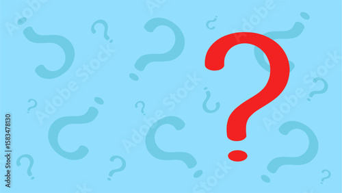 A large red question mark stands out among multiple smaller blue question marks scattered across a blue background