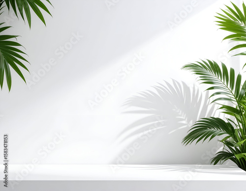 Minimalist white background with natural sunlight and elegant palm frond shadow patterns