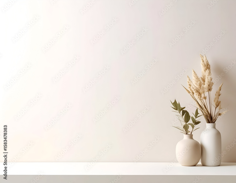 Serene home decor featuring a clean shelf with two neutral-toned vases and botanical elements. Serene home decor featuring a clean shelf with two neutral-toned vases and botanical elements.
