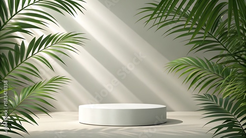 Minimalist beige background with a round white pedestal and palm leaf shadows  ideal for product display  Minimalist Beige Pedestal with Palm Leaf Shadows in Tropical Sunlight