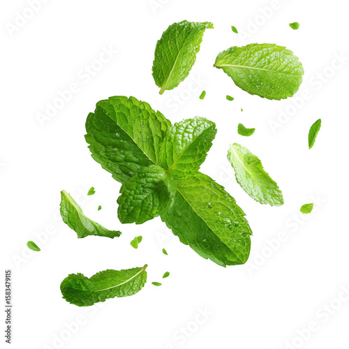Fresh mint leaves with water droplets arranged against a transparent background for culinary usage