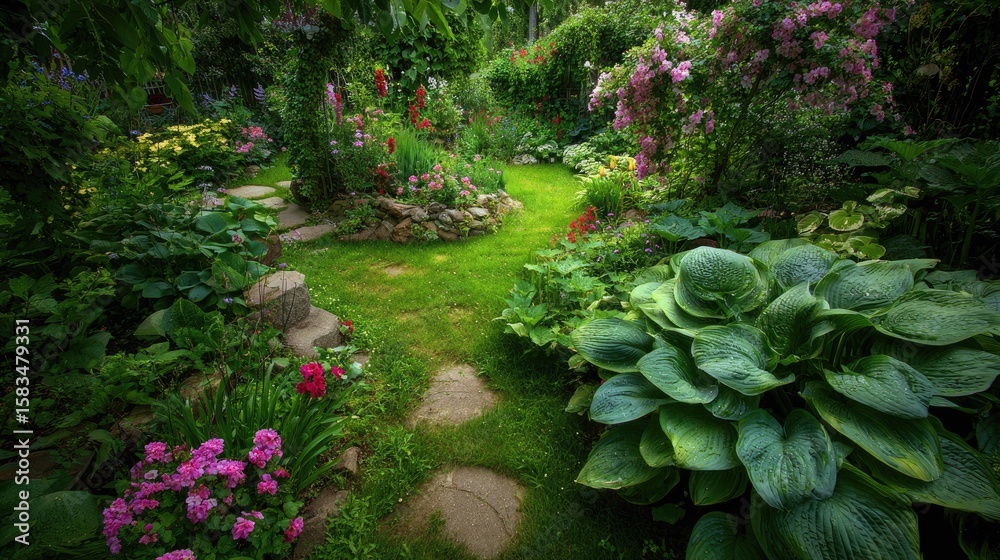Fototapeta premium Lush garden path lined with colorful flowers and greenery.
