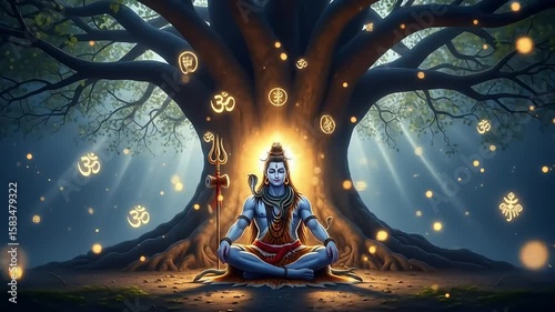 Lord Shiva Meditates Under Sacred Tree Divine Hindu Art Animation.