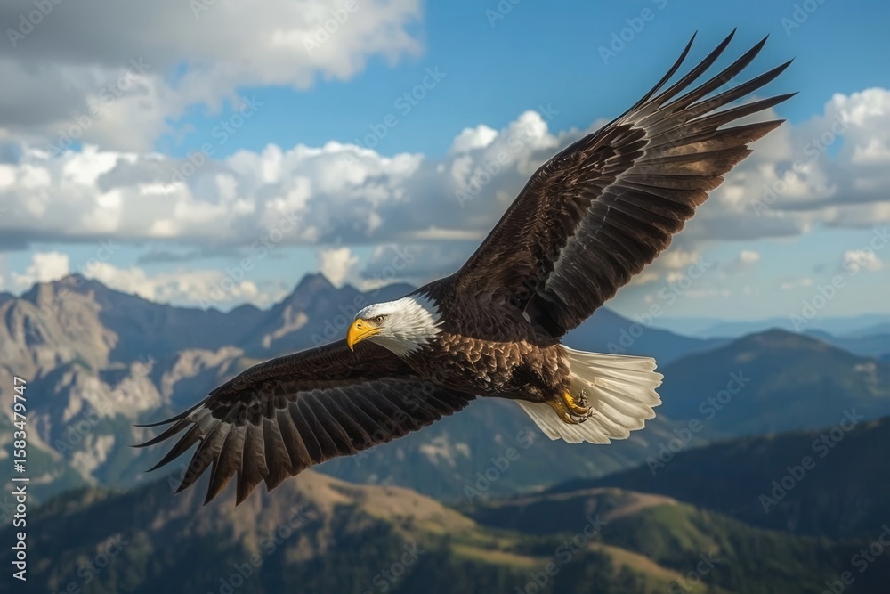 Naklejka premium Majestic eagle soars high above mountainous terrain under a partially cloudy sky, wings outstretched.