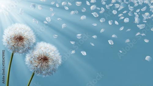 Two dandelion heads against a backdrop of falling petals.