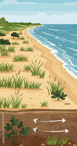 A scenic coastal landscape showing vegetation near the shore and soil layers beneath with arrows indicating erosion or underground movement. 