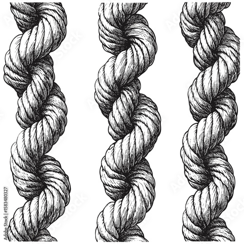 Hand-drawn nautical cord sketch, vintage braided pattern, rope weave engraving texture, retro maritime illustration, antique line texture, vector illustration, ocean theme, old sea style.