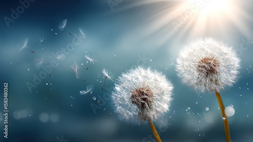 Two dandelions with seeds floating in the air.