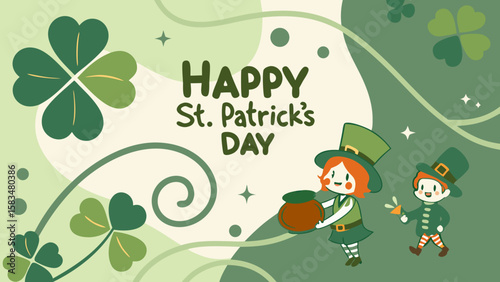A cheerful St. Patrick's Day illustration featuring a girl in a green hat and boy, surrounded by clovers and swirls.