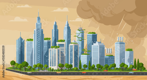 A modern city skyline with green rooftops surrounded by a dusty orange atmosphere, symbolizing air pollution and environmental stress in urban areas.