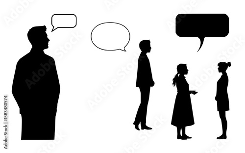 People Having Conversations with Speech Bubbles, Isolated Silhouettes
