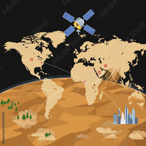 A night-view illustration of a world map monitored by a satellite, indicating environmental data tracking and global observation for climate or weather purposes.