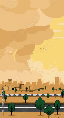 A city affected by heavy pollution, shown with empty streets, a dull orange sky, and a haze of smoke, reflecting environmental degradation and the impact of pollution on urban spaces.